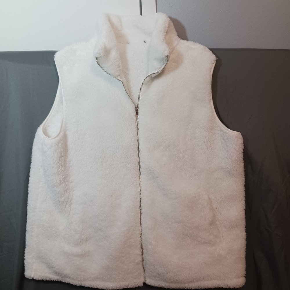 Unbranded Faux Fur Vest Womens L White Excellent Fuzzy Fleece Zip Up Pockets